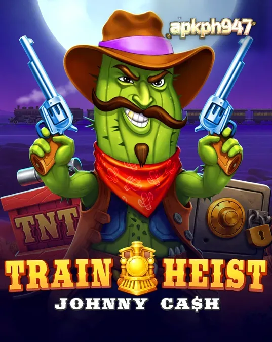 Tampilan visual slot Train Heist Johnny Cash dengan latar belakang gurun dan gerbong kereta.